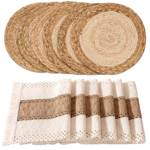 Handmade Boho Placemats Set of 6 - Natural Cotton Burlap and Water Straw Woven Rattan Wicker Braided Combination Table Mats, Macrame Table Décor Farmhouse Bohemian Style for Dining Room Table Kitchen