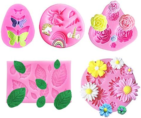 5 Pack Mini Unicorn Silicone Mold, Flowers,Butterfly and leaf Silicone cake fondant mold Set,Cupcake Toppers Fondant Chocolate Mold for Children's Birthday,Baby Shower and Unicorn Theme Party