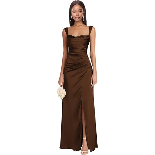 Dessiny Square Neck Satin Bridesmaid Dresses for Women with Slit Spaghetti Straps Pleated Maxi Formal Evening Dress DE236