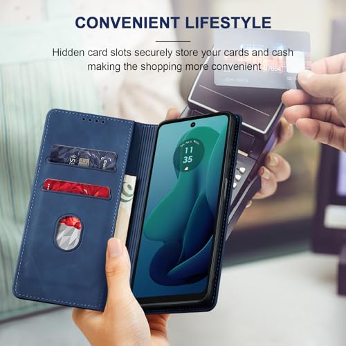 Image of Jasonyu Flip Wallet Case for Moto G 5G (2024),Leather Magnetic Folio Cover with Card Holder,Kickstand - TPU Shockproof Durable Protective Phone Case,Blue