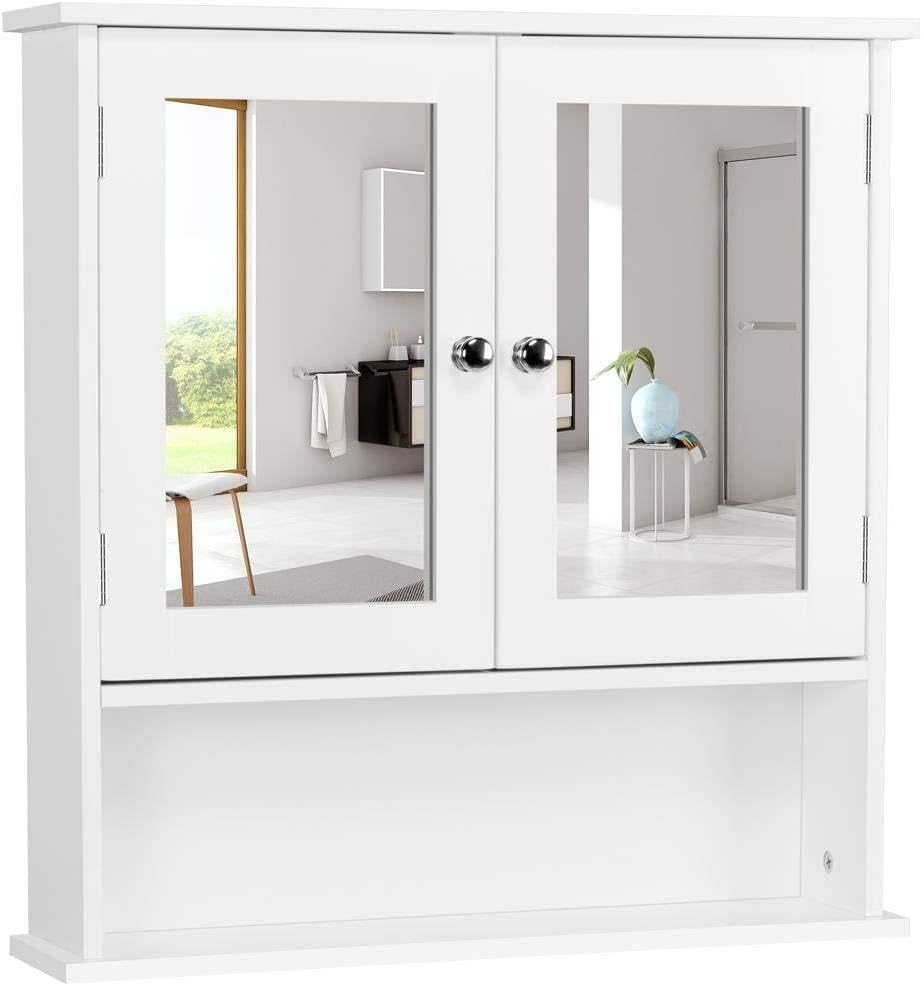 Yaheetech Modern Bathroom Mirror Cabinets, Wall Mount Storage Cabinet with Adjustable Shelf, Double Door Cupboard, White, 56 x 13 x 58 cm