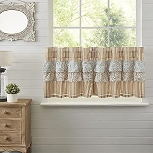 VHC Brands Kaila Country Cottage Ruffled Gold Ticking Stripe Curtain Tier Set 24Lx36W