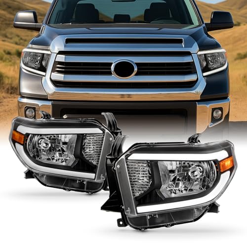 AKKON - Fits 2014-2020 Toyota Tundra Pickup Black Headlights Pair Driver & Passenger w/LED Tube DRL Running Light