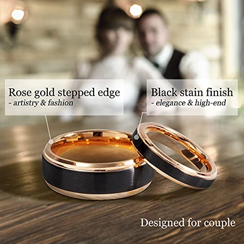 LerchPhi Custom Engraved Tungsten Ring, Personalized Valentine's Day Gift for Wife & Husband, 4/6/8MM Rose Gold Stepped Edge with Black Matte Satin Finish, Meaningful Gift for couple & Lovers2