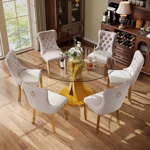 Image of 7-Piece Dining Table Set with 47In Tempered Glass Table and 6 Velvet Upholstered Chairs, Modern Scandinavian Furniture for Dining Room Kitchen(Beige&Gold)