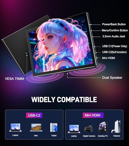 Image of 10.1 inch Portable Touchscreen Monitor, Screen Extender 1920x1200 IPS Travel Small Monitor with Cover, USB-C HDMI Computer Touch Screen Display for Laptop Windows PC, PS5 /4 Xbox No Touch