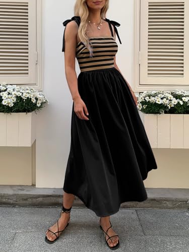 Women Summer Tie Spaghetti Strap Striped Dresses Sleeveless Stretch Flowy Maxi Sundress Beach Dress with Pockets3