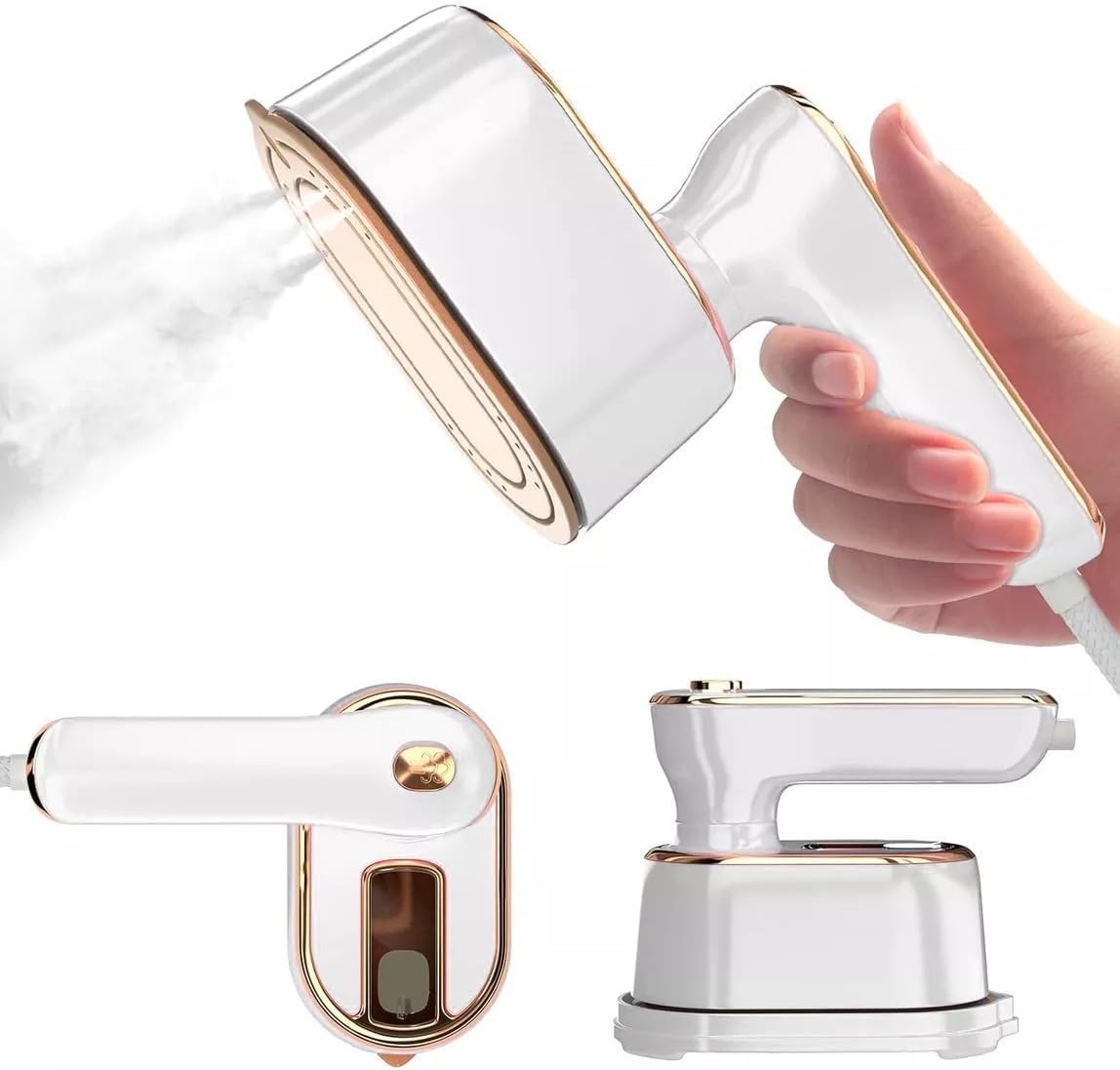 Portable Handheld Garment Steamer, Mini Travel Steam Iron, White with Rose Gold Trim, Rotating Head, Multi-Fabric Compatible