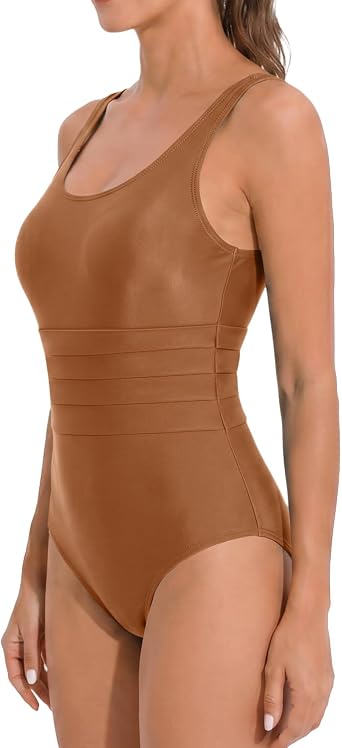 Womens Athletic Scoop Neck Tummy Control One Piece Swimsuit