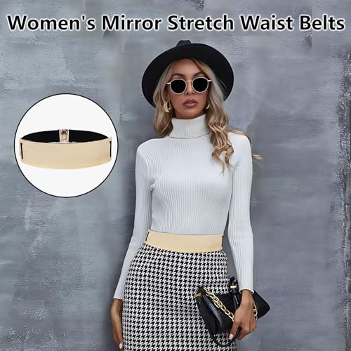 Metallic Dress Belt for Women Shiny Gold Mirror Waist Belts Thick Stretchy Metal Fashion Belt for Dresses and Outfits Polished Waistband Accessories for Ladies Waist Sizes 25.5" to 33.5"3