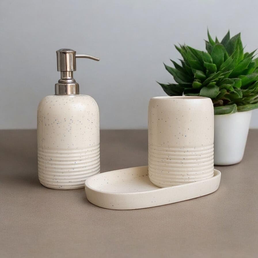 Image of Ceramic Bathroom Accessories Set of 3 | Soap Dispenser, Toothbrush Holder & Multipurpose Tray | Modern Bathroom Organizer Set for Home, Bathroom, Wash Basin & Kitchen Use, Light Cream