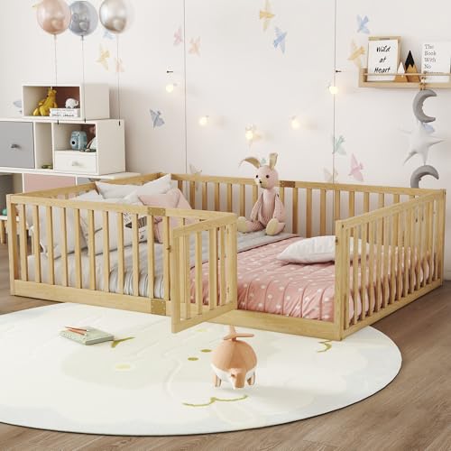 Image of Bellemave Full Size Kids Montessori Floor Bed Frame with Door and Slats,Solid Wood Floor Bed Frame with Slats and High Fence for Kids,Girls,Boys,Natural
