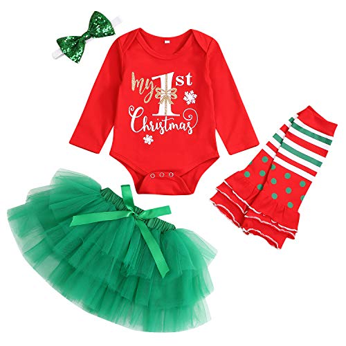 My First Christmas Outfit Baby Girl Long Sleeve Romper and Tutu Skirt Leg Warmers with Headband 4PCS Clothes Set (Red, 0-3 Months)