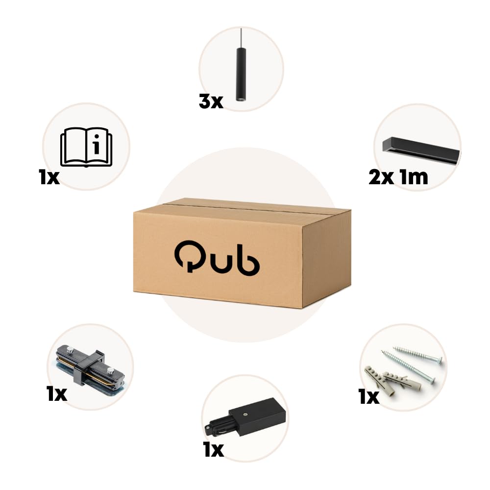 Qub Focus III Monophasé Luminaire Plafonnier LED – 200cm - 3x GU10 Suspension Luminaire - 2x 1m Barre de Spot Plafond – I-Form - Plafonnier intérieur Noir Moderne – Spots et Rails de Spots