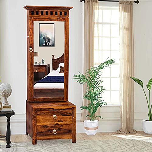 Image of Wooden Dressing Table for Bedroom with 2 Drawer, Mirror and Huge Storage Space Come with Bangle Rod Made Up with Solid Sheesham Wood Natural Wooden Color- L 55 X D 50 X H 180 cm