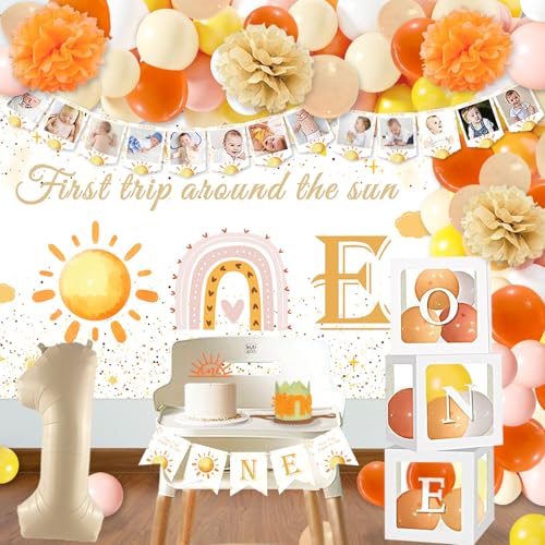 Ylibtool First Trip Around the Sun Birthday Decorations, Boho Sun Rainbow 1st Birthday Decorations for Girl with Backdrop Balloons Box Banner