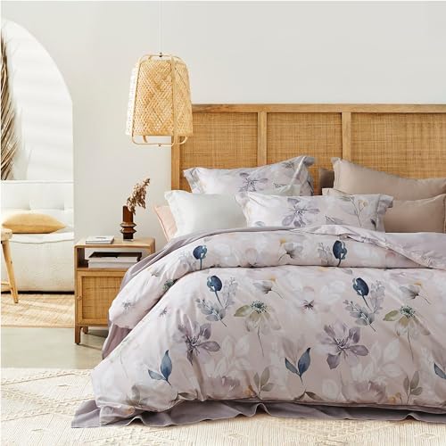 MILDLY 100% Long-Staple Cotton Duvet Cover Set Light Gray Pink Floral Leaf Pattern Printed Comforter Cover 3pcs, Ultra Soft & Breathable Bedding Set