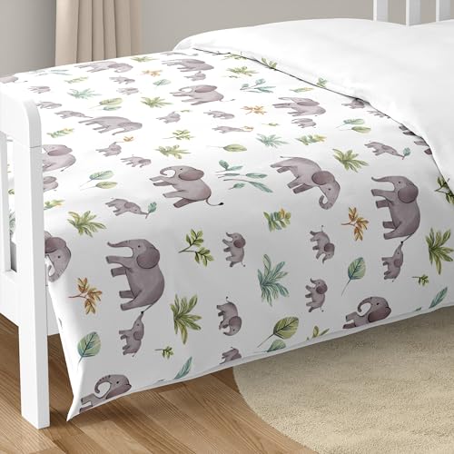 Image of Sweet Jojo Designs Watercolor Elephants Boy Girl Gender Neutral Toddler Bedding Set Kids 5p Bed in a Bag Comforter Blanket Pillowcase Sham Sheets Green Grey Jungle Safari Palm Trees Tropical Nature
