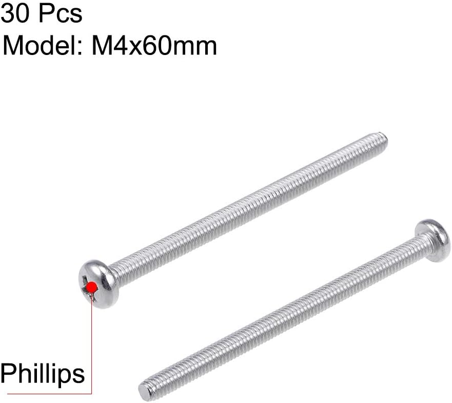 sourcing map M4x60mm Machine Screws Pan Phillips Cross Head Screw 304 Stainless Steel Fasteners Bolts 30Pcs - Image 3
