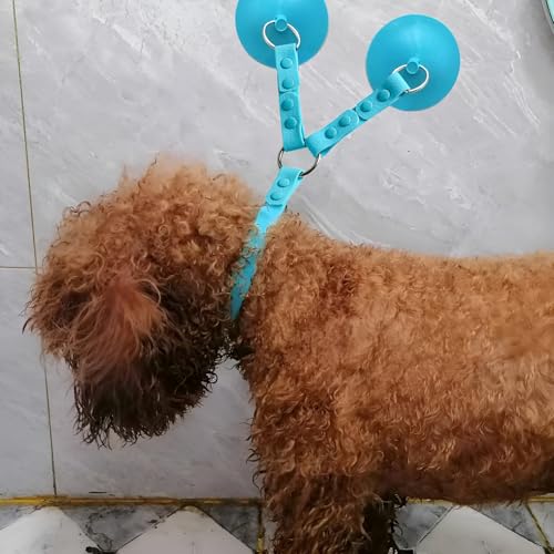 Image of Dog Bathing Tether with Dual Suction Cup- 2024 New Dog Washing Restraint Leash with Adjustable Collar for Pet Shower Bath Grooming - Easy Clean (Blue)