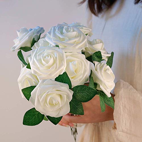 Mocoosy 50Pcs Artificial Flowers Rose, Ivory White Fake Roses For Decorations, Real Looking Foam Rose Bulk With Stems For Diy Wedding Bouquets Bridal Shower Mothers Day Party Home Decor #TOP6