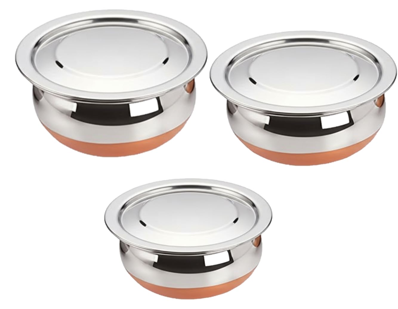 3 pcs Stainless Steel Copper Bottom Kitchen Serving, Cooking Bowl | Cook and Serve Inductiom & Gas Compatible Biryani Handi | Handi Set with Steel Lid (0.45 L, 0.75 L & 1 L) (3 pcs)-image-46