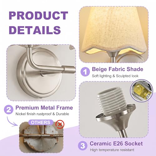Image of Bathroom Light Fixtures 14 inch Vanity Light 2-Light Brushed Nickel | Farmhouse Bathroom Lights, Beige Wavy Fabric Shade, Dimmable Vanity Lighting Fixtures for Mirror Bedroom Living Room Hallway