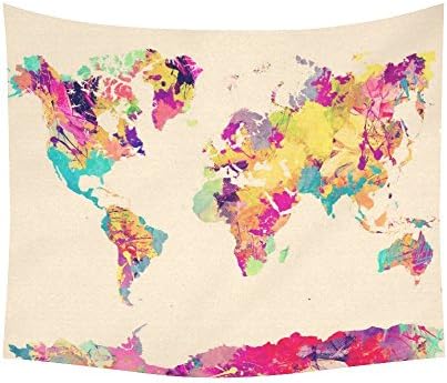 D-Story Custom Wall Tapestry World Map in Watercolor Cotton Linen Tapestry Wall Hanging 60 x 51 Wall Art Home Decor