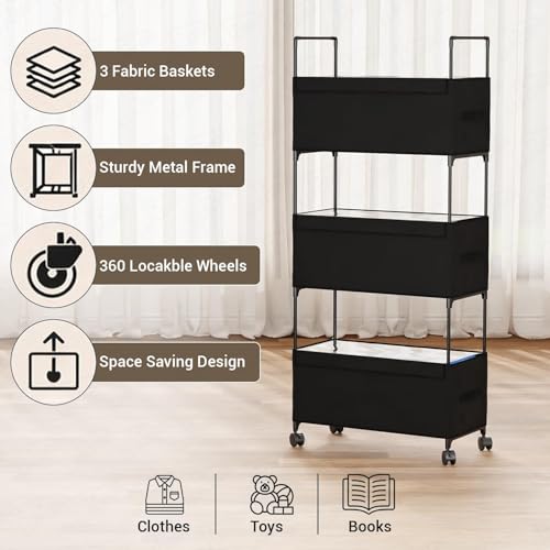 Image of Lukzer 3-Tier Clothes Organizer Basket with Wheels | Black Fabric Closet Storage Rack for Folded Clothes | Metal Rolling Wardrobe Shelf for Bedroom Closet & Laundry Room | 28x57x136 cm