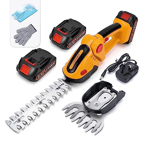 LUXBIRD Tagliasiepi 21V Tagliasiepi per erba, 2-in-1 tagliasiepi elettrico senza fili, Tagliaerba manuale IP67 impermeabile, con 2 lame intercambiabili e 2 batterie ricaricabili Giallo
