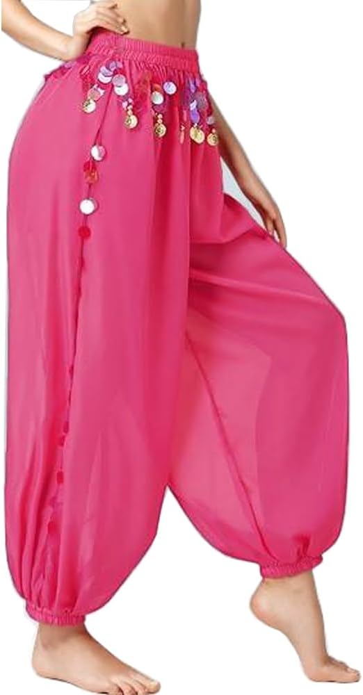 Women Sequins Belly Dance Pants India Arabian Stage Performance Coins Harem Long Trousers