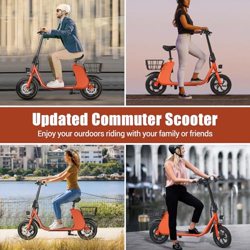 RIDWIND 450W Electric Scooter Adults with Seat, Foldable 36V Battery E-Scooter for Adults 15.5MPH, 20 Miles Range, Max Load 265LB, LCD Display, City Commuting Bicycle with Basket for Men Women Red