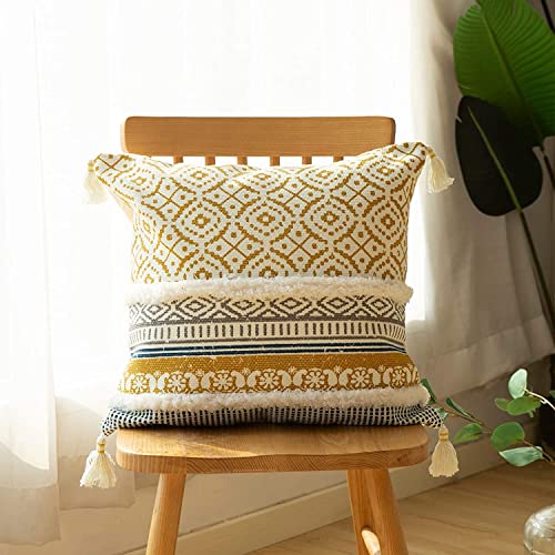 Image of Modern Homes - Feel the Difference Boho Tufted Decorative Throw Pillow Covers /Moroccan Style Cushion Covers with Tassels, Accent Decor Pillow (Yellow, 16X16 Inch)(Cotton), 250 TC