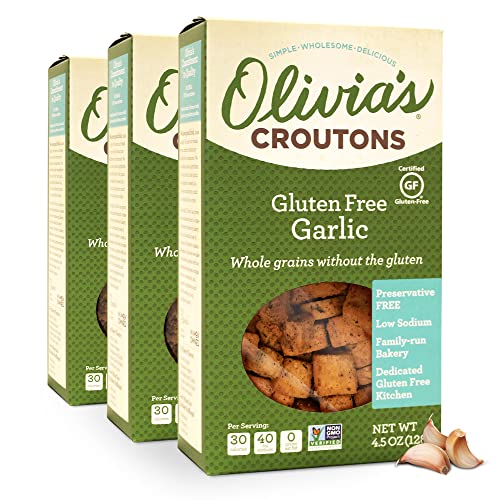 Image of Olivia's Croutons Gluten Free Garlic Croutons, 4.5 oz, 3 Pack | Ancient grain bread, dairy free, vegetarian, salad and soup topping, non gmo