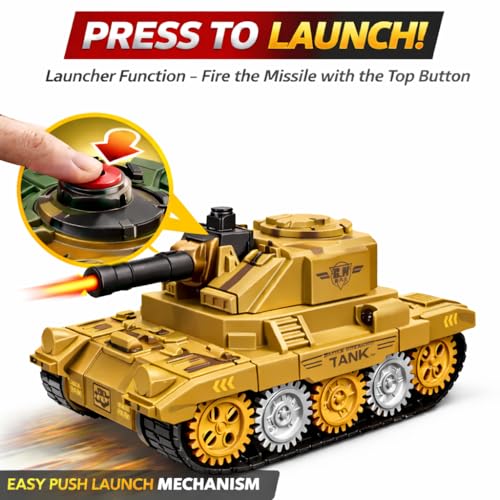 Image of TEC TAVAKKAL Battle Breakers Toy Military Tank for Kids with Mini Tank Launcher, 360 Rotating Turret & Adjustable Cannon | Action Battle Toy Vehicle with Moving Wheels for Kids (Tan)