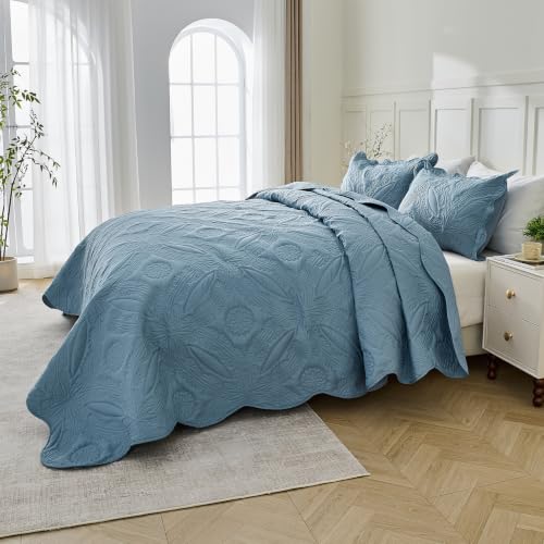 Image of Kingnex Oversized King Bedspreads 128x120 for Extra Wide Tall King or Cal King Bed Ultrasonic Quilted Coverlet Set 3 Piece Include 1 Quilt 2 Pillowcases Dusty Blue