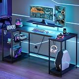 Bestier Gaming Desk with LED Lights & Power Outlets, 63 inch U Shaped Computer Desk with Monitor Stand & Storage Shelves, PC Desk with Cup Holder & Hook for Home Office, Black 3D Carbon Fiber