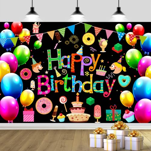 YinQin 180x120 cm Black Colorful Happy Birthday Backdrops Cloth 71x47 inch Bday Photography Backgrounds Colorful Balloons Happy Birthday Sign Banner Decorations for Kids Children