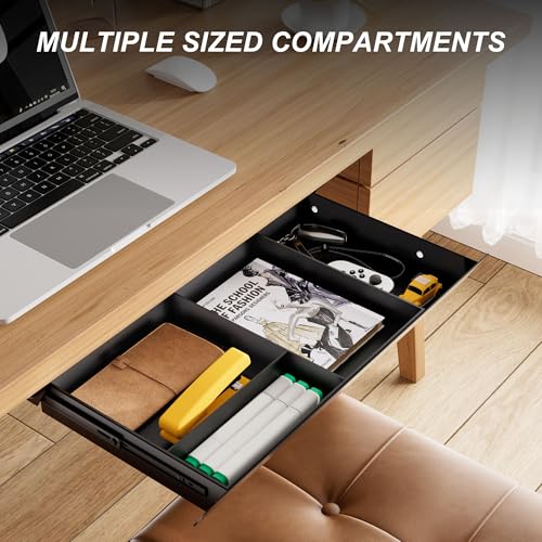Image of Under Desk Drawer with Removable Tray, 22.4 inch Wide 2-in-1 Organizer - 60 Ergonomic Tilt, 4-Compartment Insert for Pens, Phones & Cables, Ball Bearing Slides, for Home Office & Student Desk