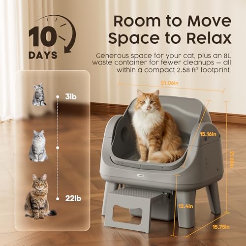Image of PetPivot Open Top Self Cleaning Cat Litter Box, Automatic Litter Box with 7 Pairs of Safety Sensors, Anti-Pinch Protection and Easy Access Step for Senior Cats, Dark Grey