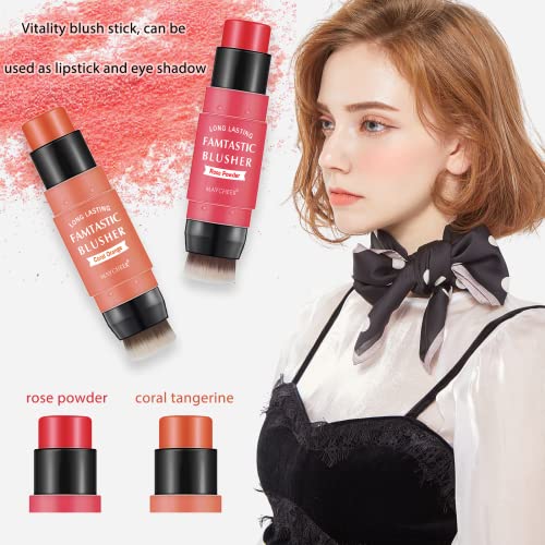 Ckfyahp Cream Blush Stick With Brush, 3 In 1 Makeup Stick For Cheeks, Lips And Eyes Lightweight Cheek Makeup Stick For Mature Skin, Long Lasting, Face Blush Cream Rose Pink #TOP3