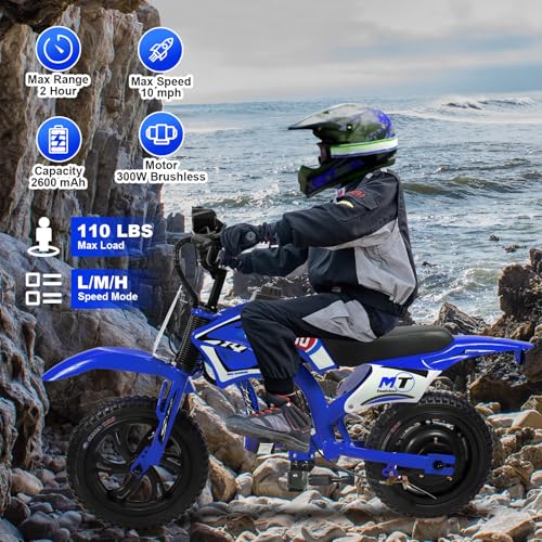 Image of Kids Electric Motorcycle, 25.2V 300W Brushless Motor & Controller, 3 Speeds (10MPH, 8 Miles), LCD, LED, Moto Sound, Twist Grip, Dual Suspension & Brakes, for 3-8 yrs, 110 LB (Blue)