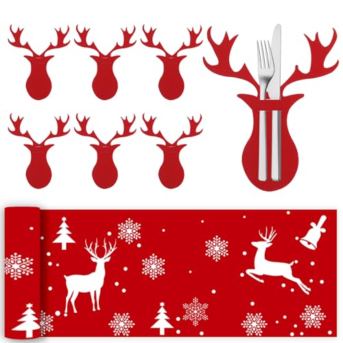 Weihnachten Schneeflocken Tischläufer Rot + Bestecktasche Weihnachten...