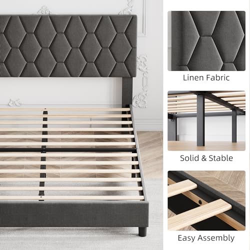 GAOMON Grey King Upholstered Bed Frame with Headboard, Heavy-Duty Platform Bed Frame with Strong Wood Slats, No Box Spring Needed/Easy Assembly/Noise Free