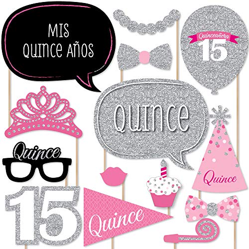 Big Dot of Happiness Quinceanera Pink - Sweet 15 Birthday Party Photo Booth Props Kit 20 Count