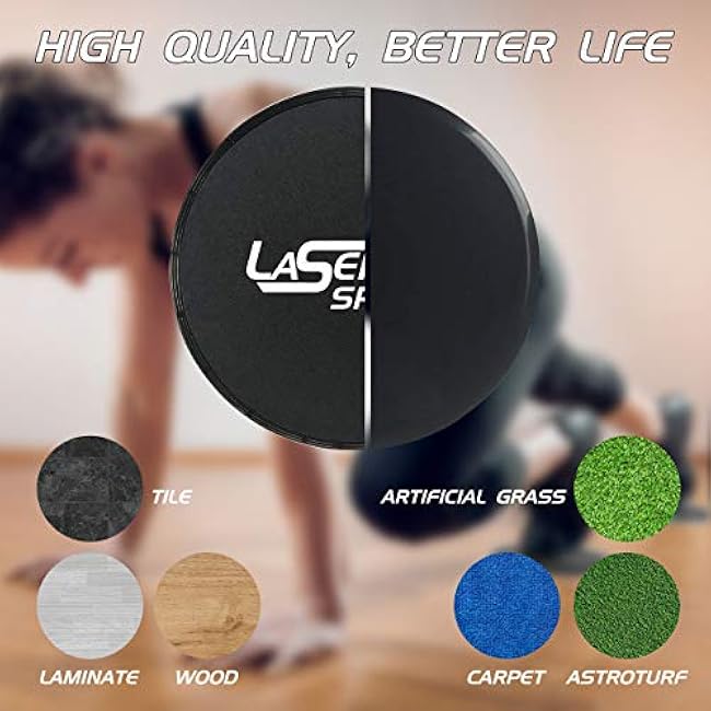 Laser Sports Dual Sided Exercise Gliding Disc - Core Sliders and 4 Resistance Bands Set w/Storage Bag - for Home & Gym Workouts -Low Impact Training for Strengthening Muscles and Physical Therapy