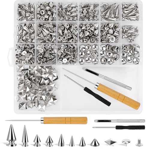 Windspeed 543P Punk Spikes and Studs Kit with 8 Size Punk Metal Tree Spikes Studs and 2 Size Pyrami Studs Flat Back Rivets for Leather Clothing Shoes DIY Craft Decorations