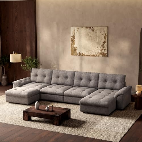 Image of Oversized Modular Sectional Sofa with Storage, Modern Deep Seat Cloud Couch for Living Room, L-Shaped Large Sectional Couch, 4 Seater with 2 Ottomans, Gray