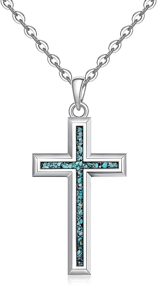 Sterling Silver Cross Necklaces for Women Cross Crushed Turquoise Necklace Dainty Simple Pendant Nature Jewelry Gifts