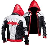 Herren Jason Todd Batman Arkham Knight Fledermaus Logo rote Kapuze schwarz & weiß Kostüm Kunstleder Jacke Biker-Lederjacke Batman-Kostüm Cosplay Herren Jacke Gr. XL, rot